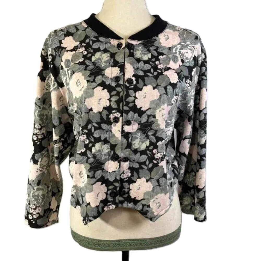 Sauci Vintage Cardigan Blouse Jacket Lightweight Cotton Blend Floral Rose Size L